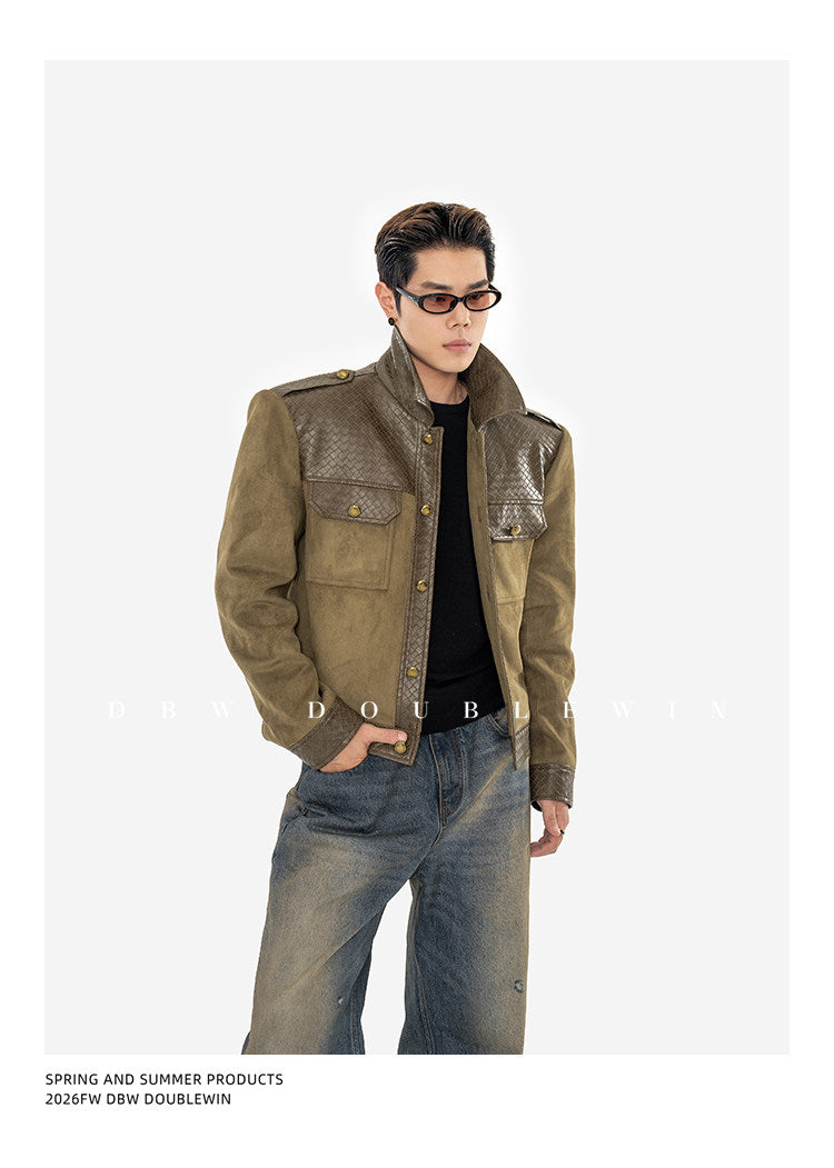 Textured Leather Patchwork Suede Short Jacket