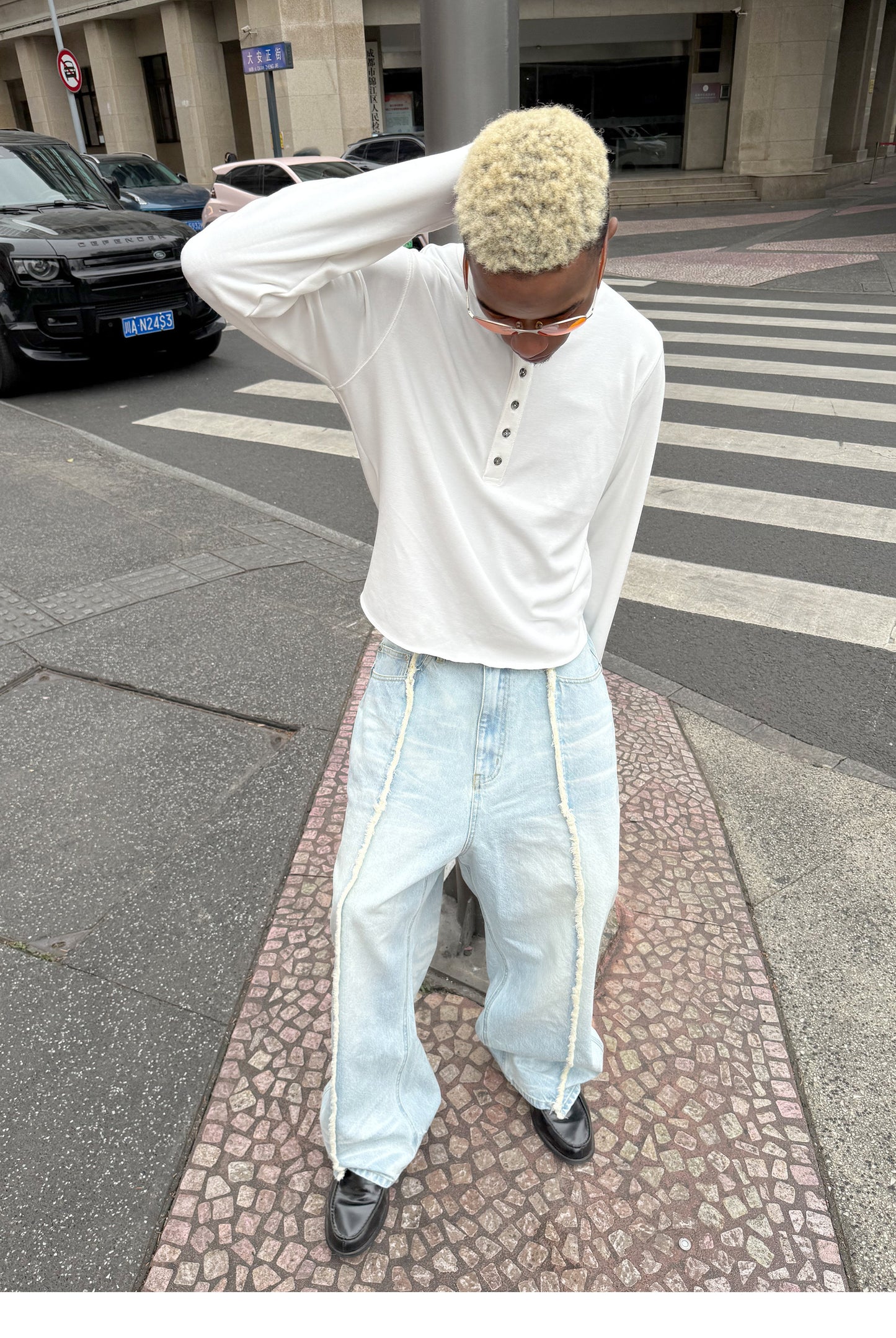 Wash-treated Patchwork Denim Pants