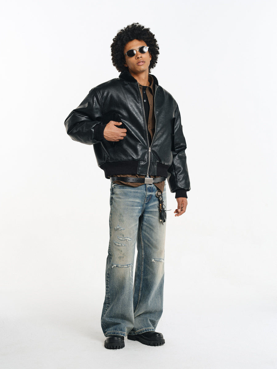 Hand Stitched Ripped Slim Straight Jeans