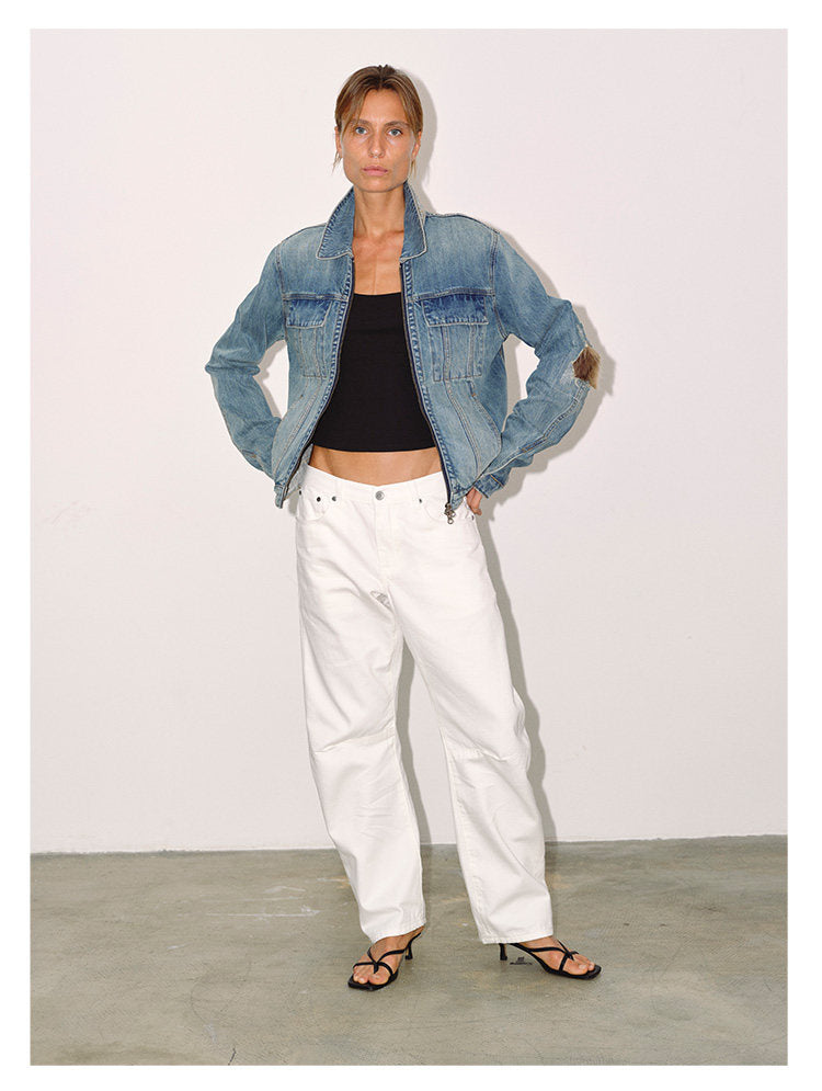 Patchwork Leather Double-Zip Denim Jacket