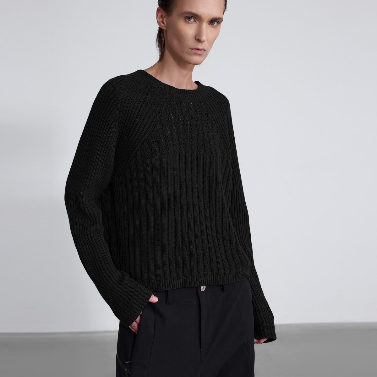 Openwork Raglan Short-Sleeve Knit Sweater
