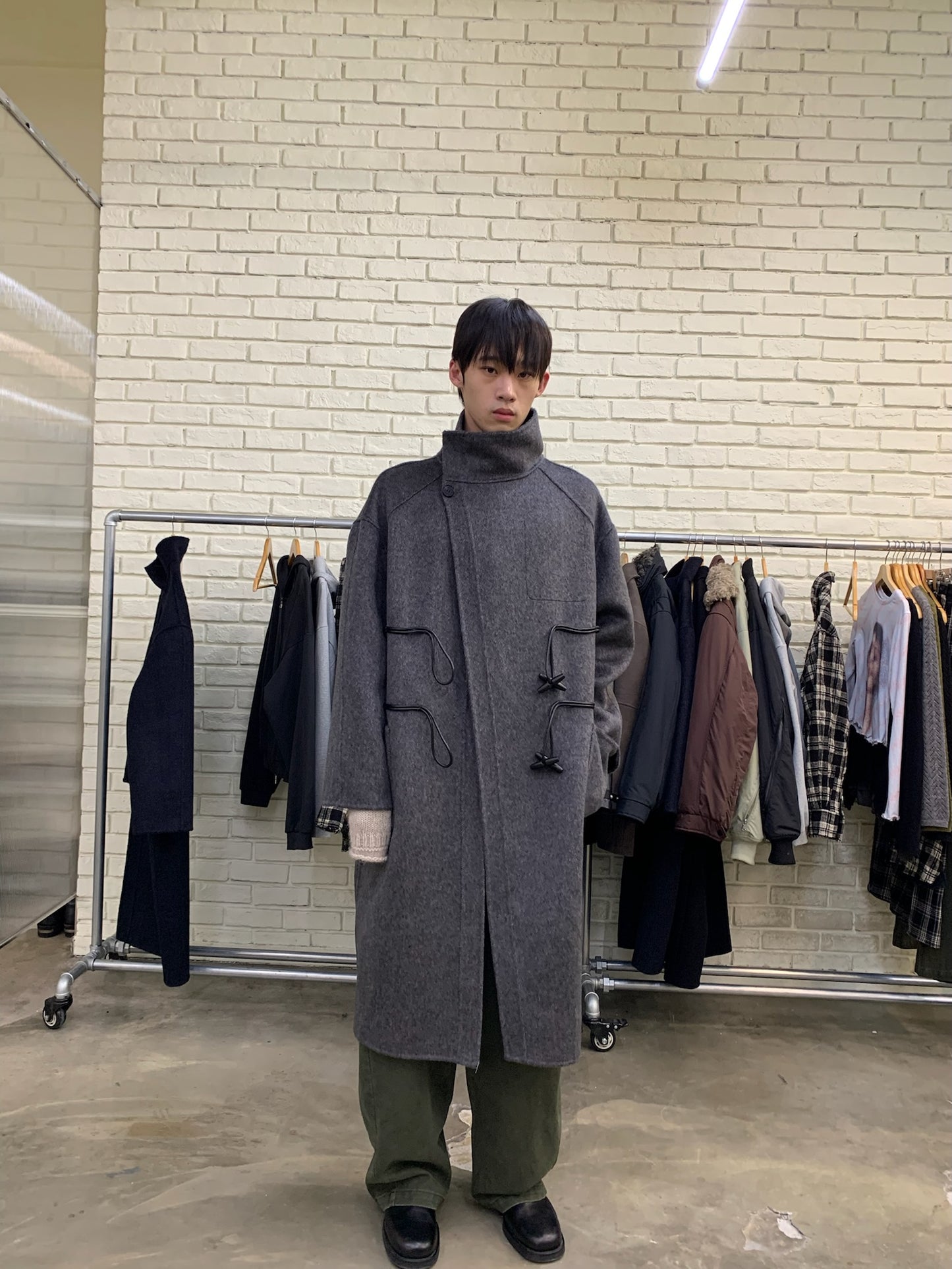 Long wool coat with diagonal placket