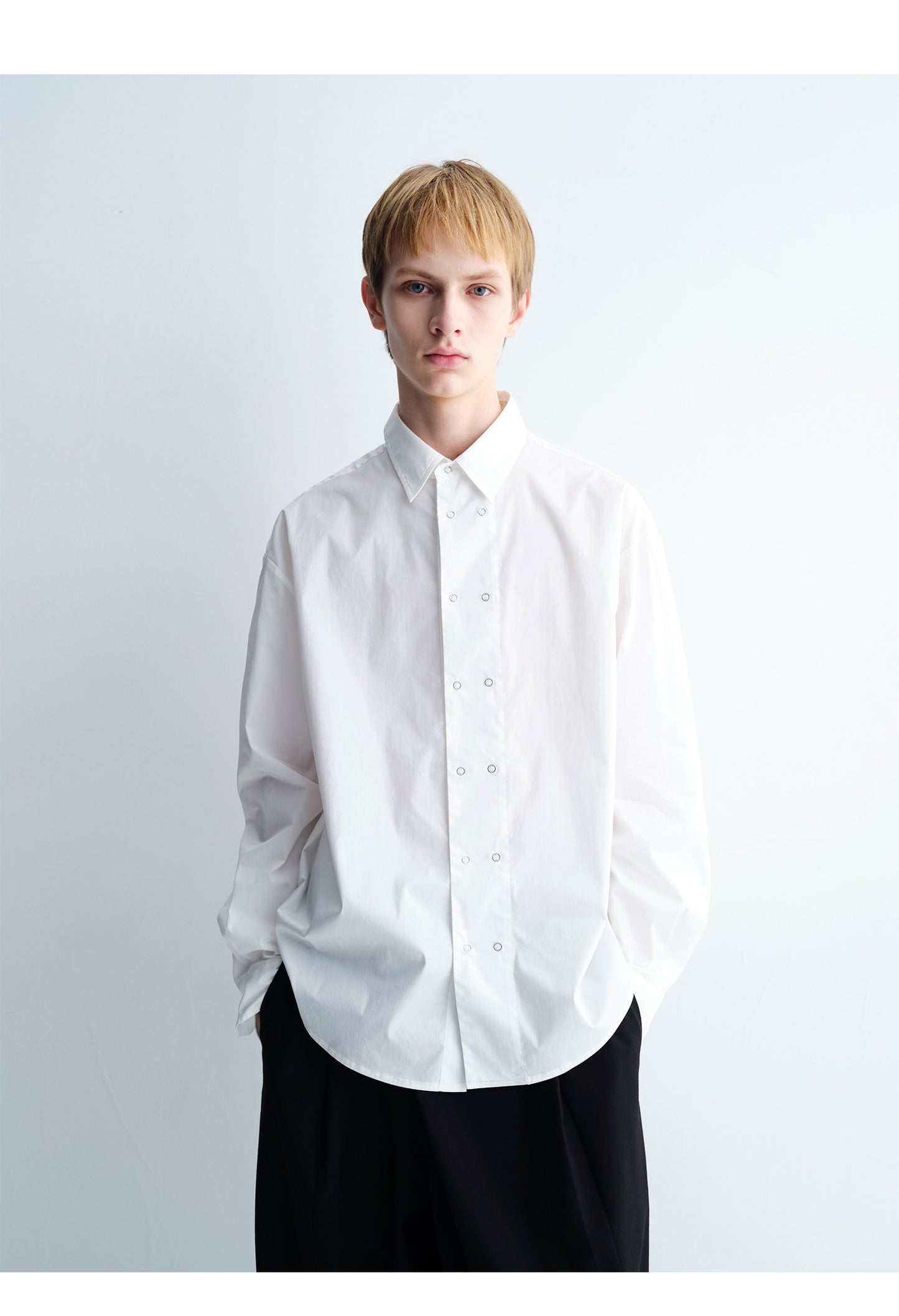 Double-Breasted Round-Hem Loose-Fit Shirt