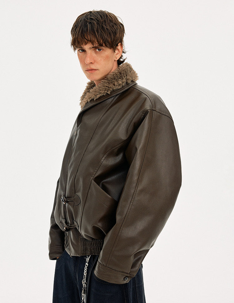 Horn Button Fur Collar Leather Jacket