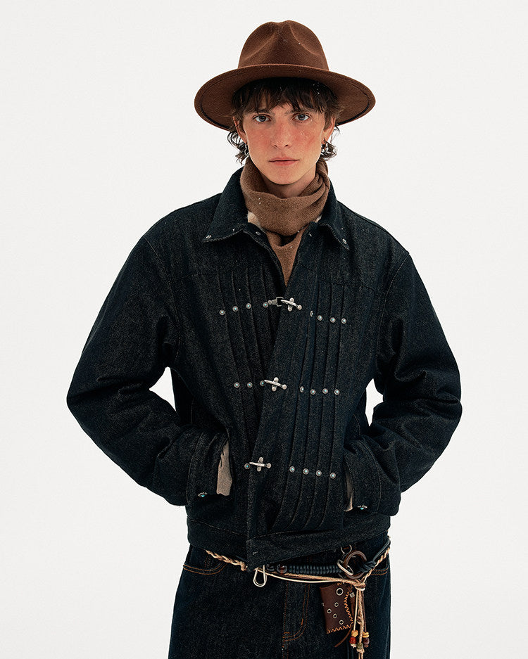 Pleated Airplane Button Denim Jacket