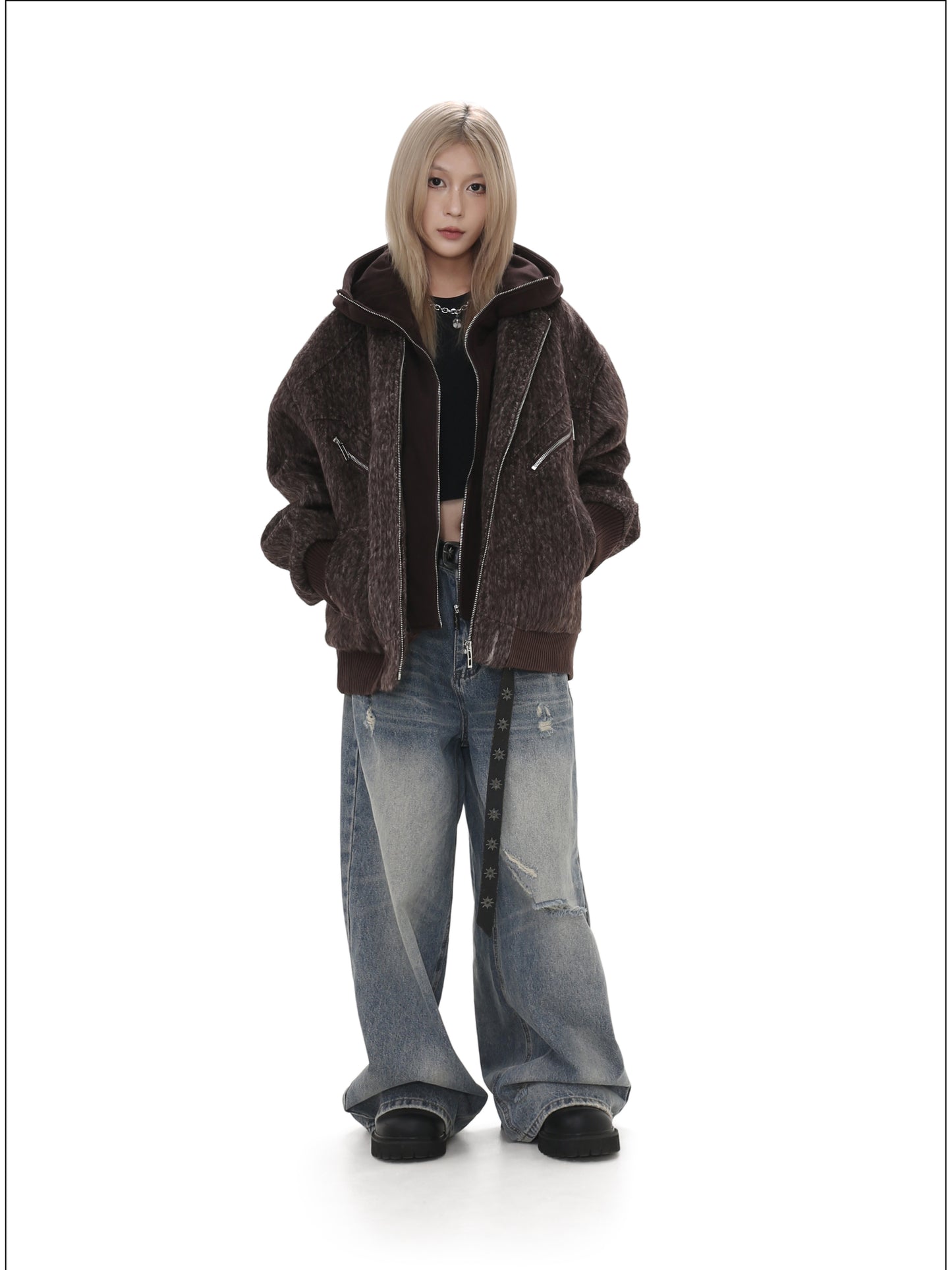 Faux two-piece wool hooded jacket