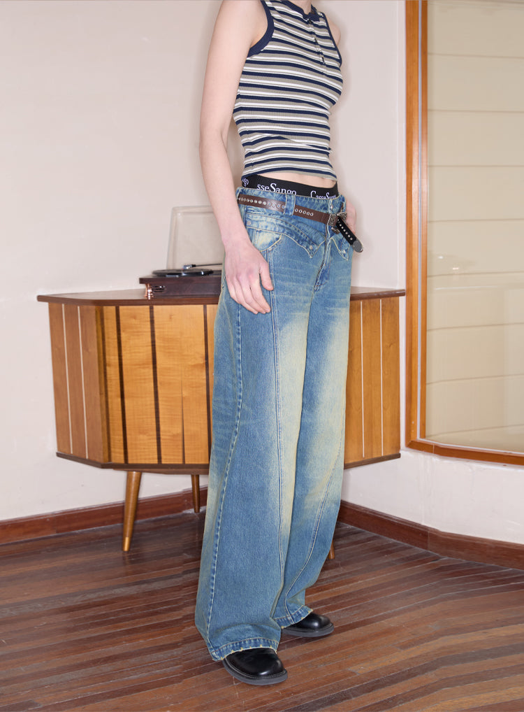 Double Waist Washed Loose Jeans