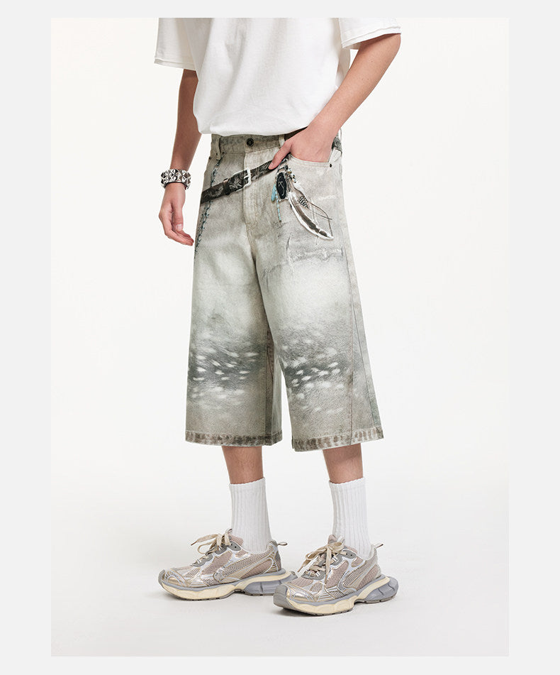 Animal-Print Cropped Denim Shorts