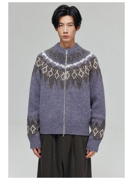 Wool blend crew neck zip sweater