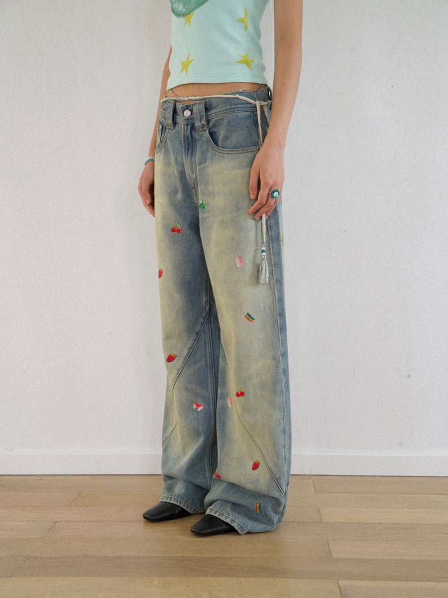 Printed Washed Whisker Jeans