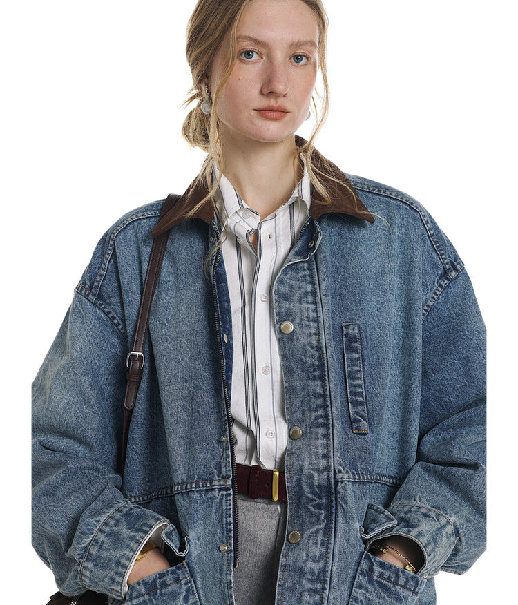 Vintage Denim Jacket with Washed Suede Collar
