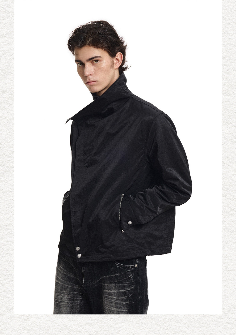 Cross-Button Diagonal Placket Stand-Collar Jacket