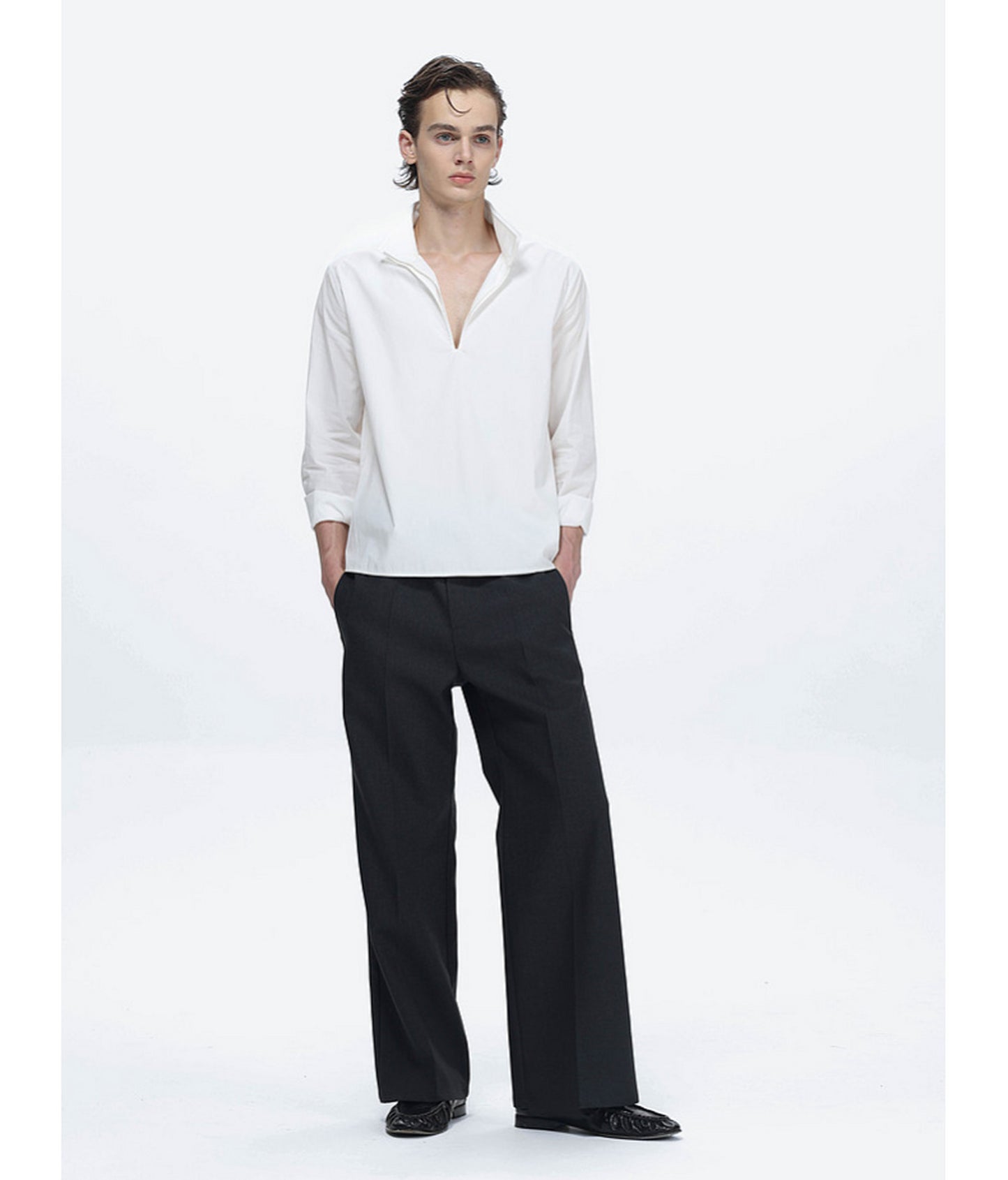Deep V-Neck Half-Button Pullover Shirt