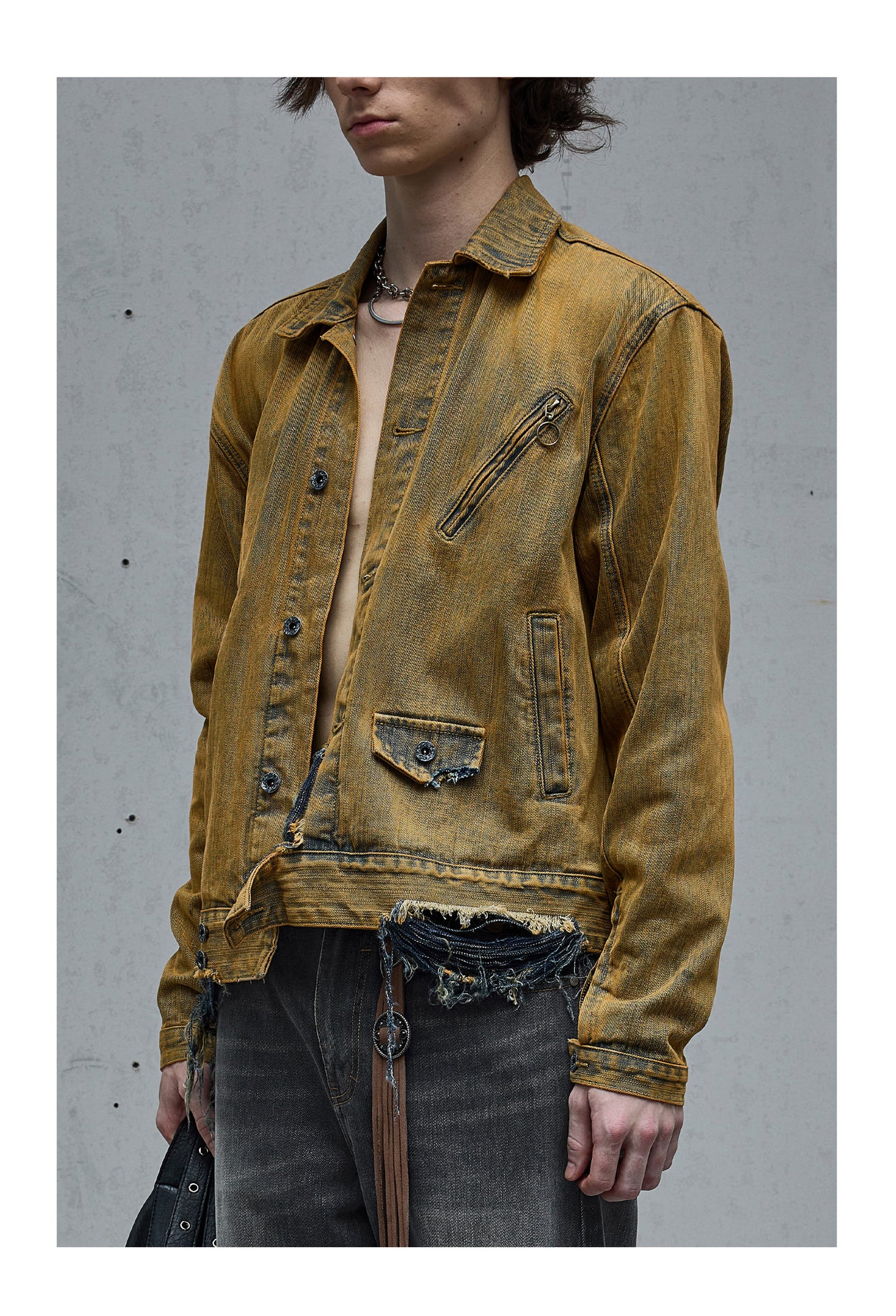 Mud Dyed Yellow Destroyed Denim Jacket