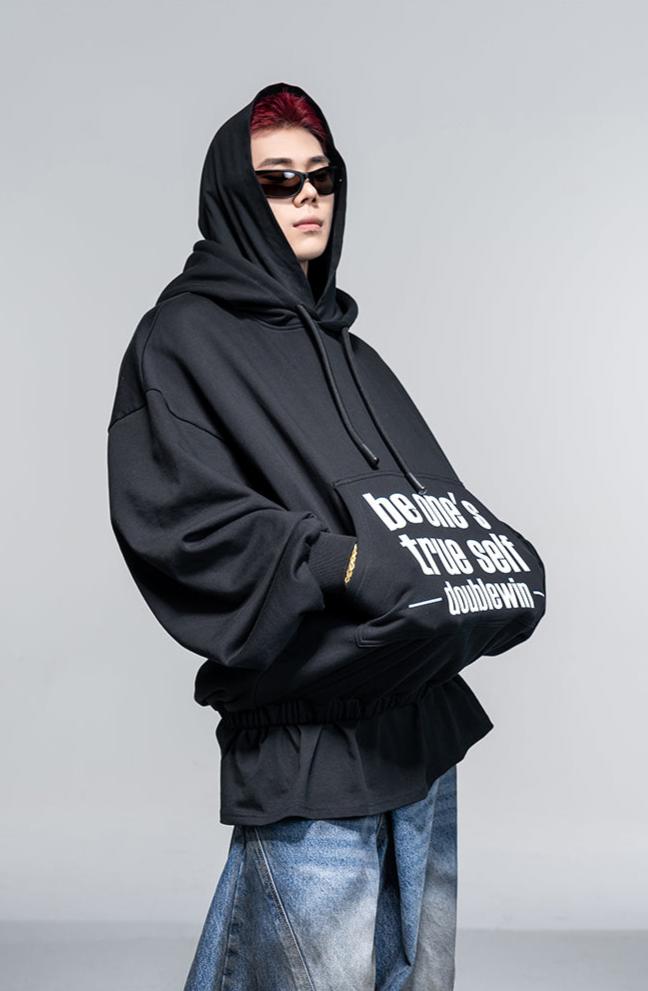 Faux two-piece double hooded sweatshirt