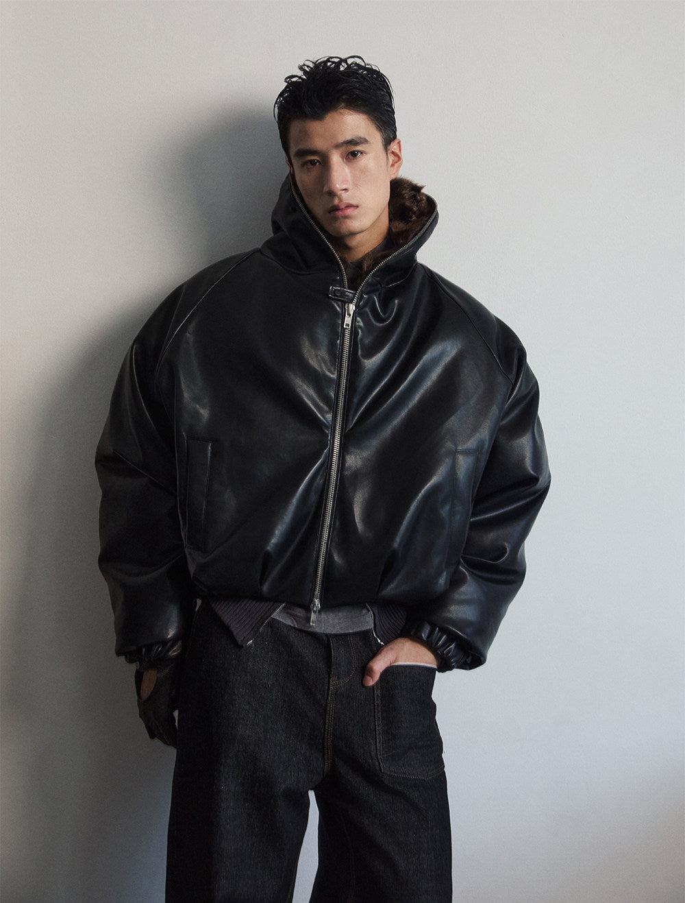 Cropped Waist Leather Jacket