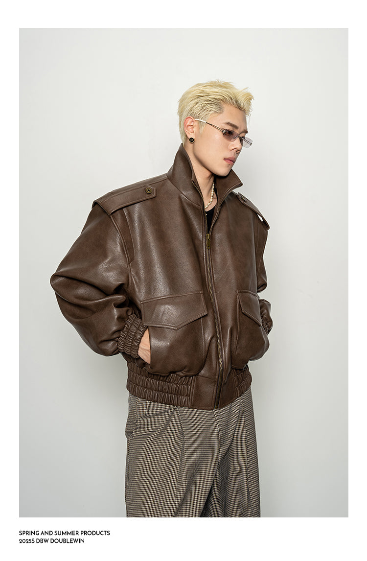 Wide-Shoulder High-Neck Leather Jacket