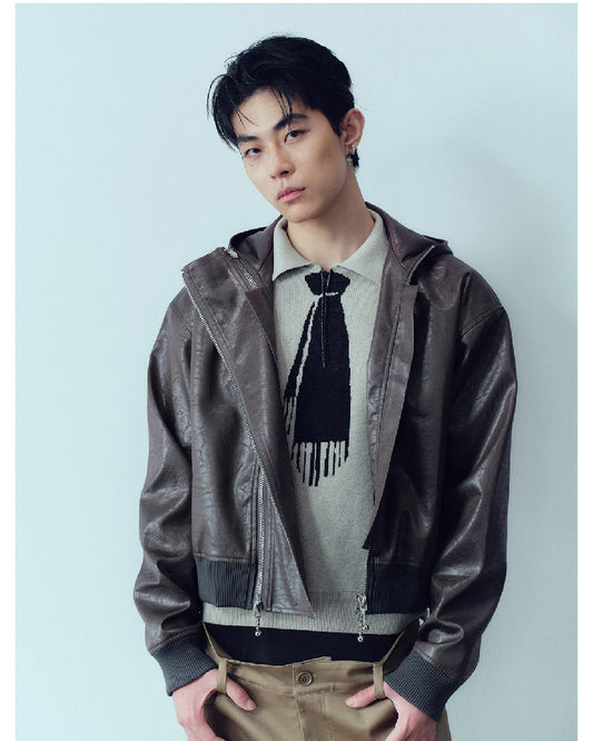 Double-Zipper Hooded Leather Jacket