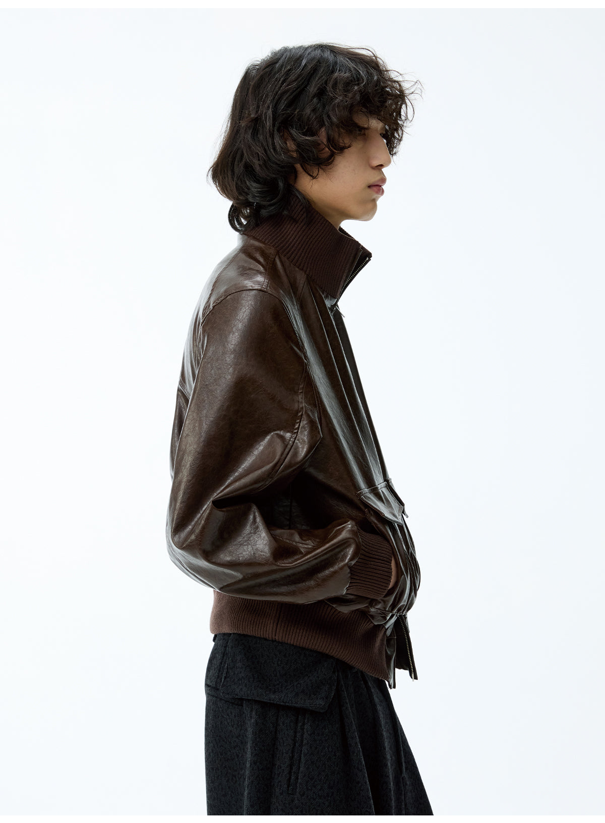 Pleated Short Leather Jacket