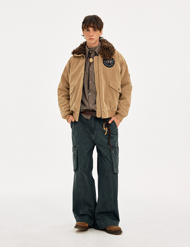 Retro Embroidery Faux Suede Collar Jacket