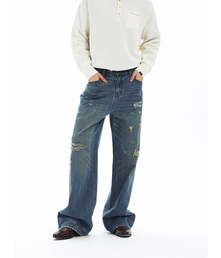 Washed Damaged Loose Casual Denim Pants