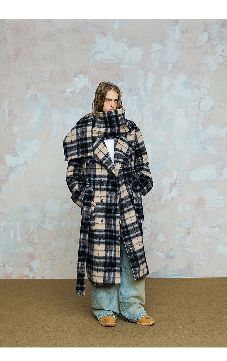 Checked loose slim wool long coat