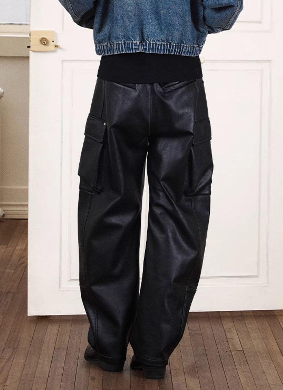 PU leather casual pants with pockets