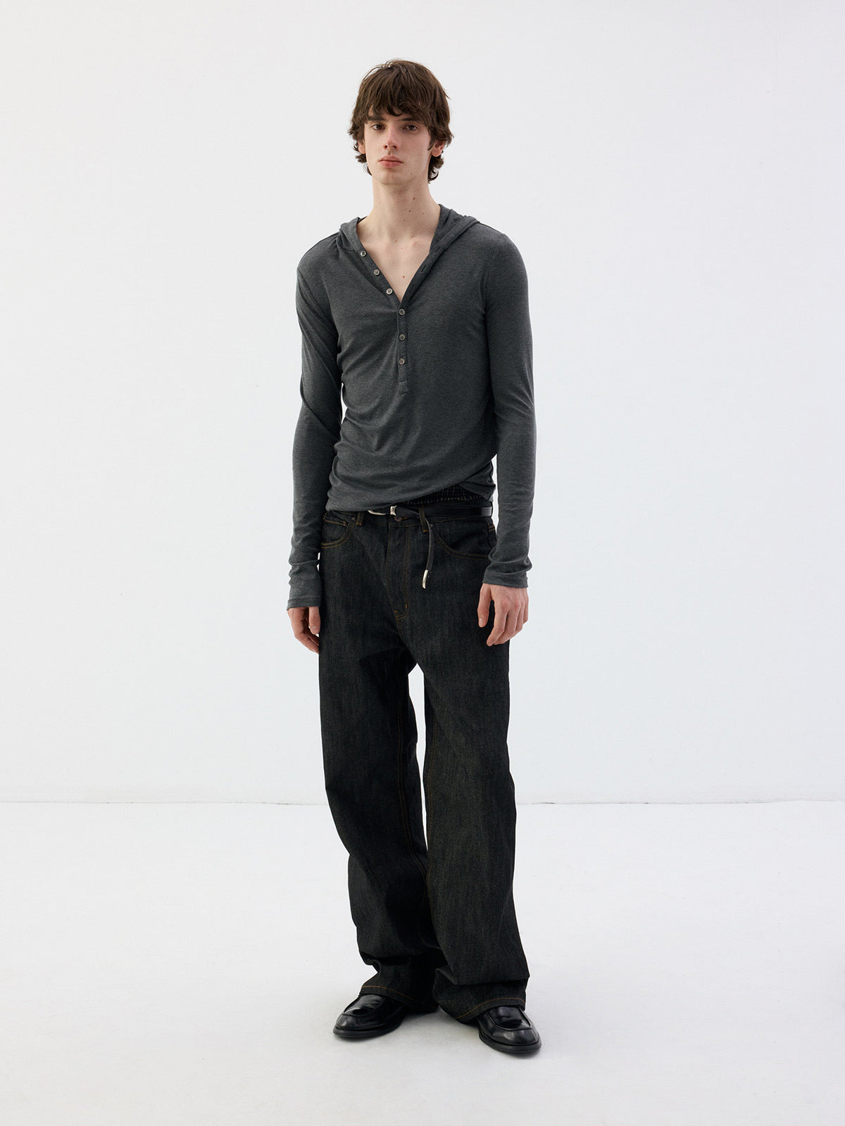 Henry-Collar T-Shirt with Half-Button Hood