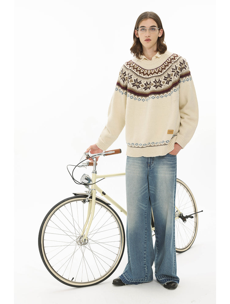 Retro Jacquard Round Neck Knit