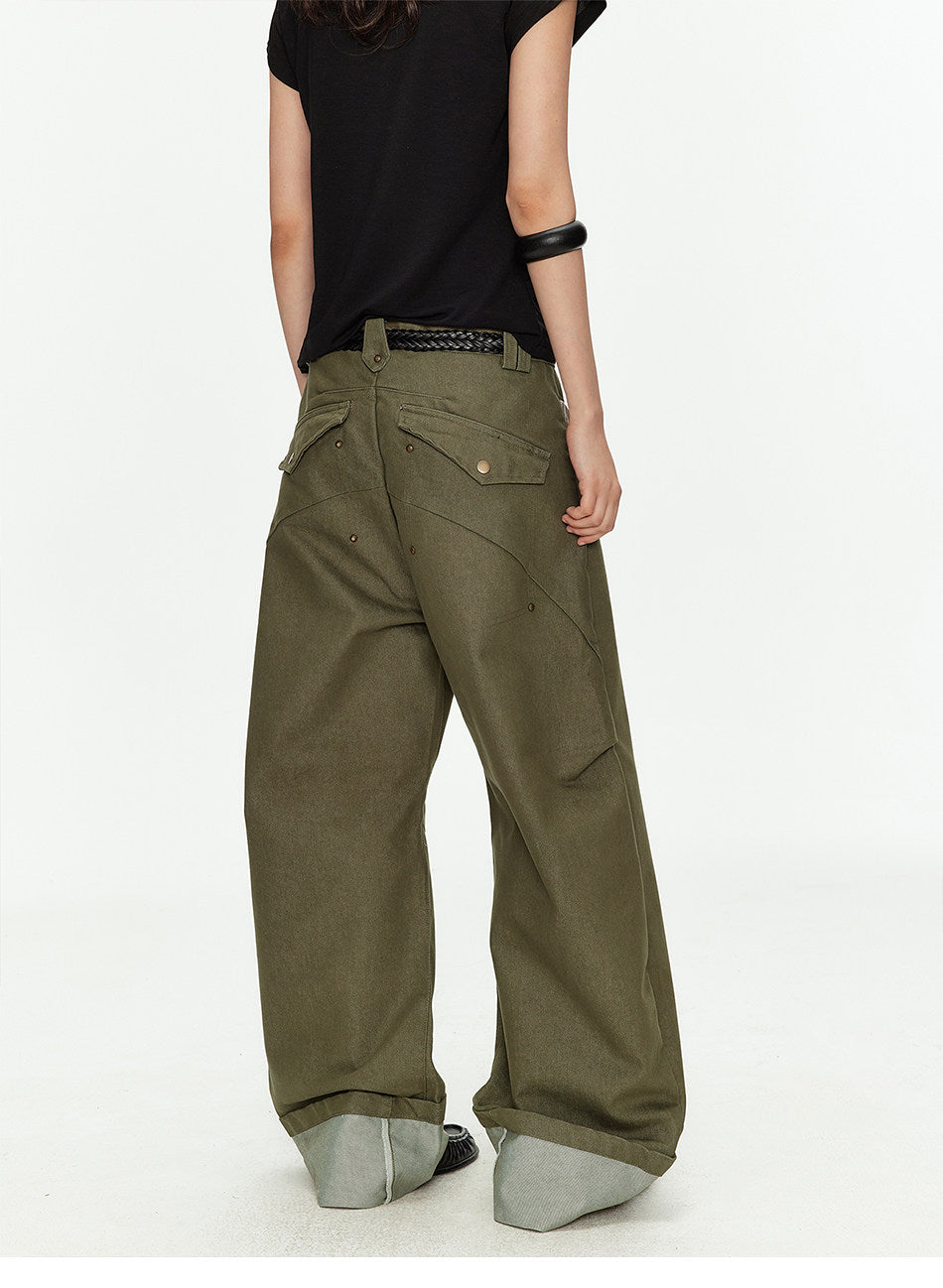 Wide-Leg Workwear Pants with Checkered Pockets