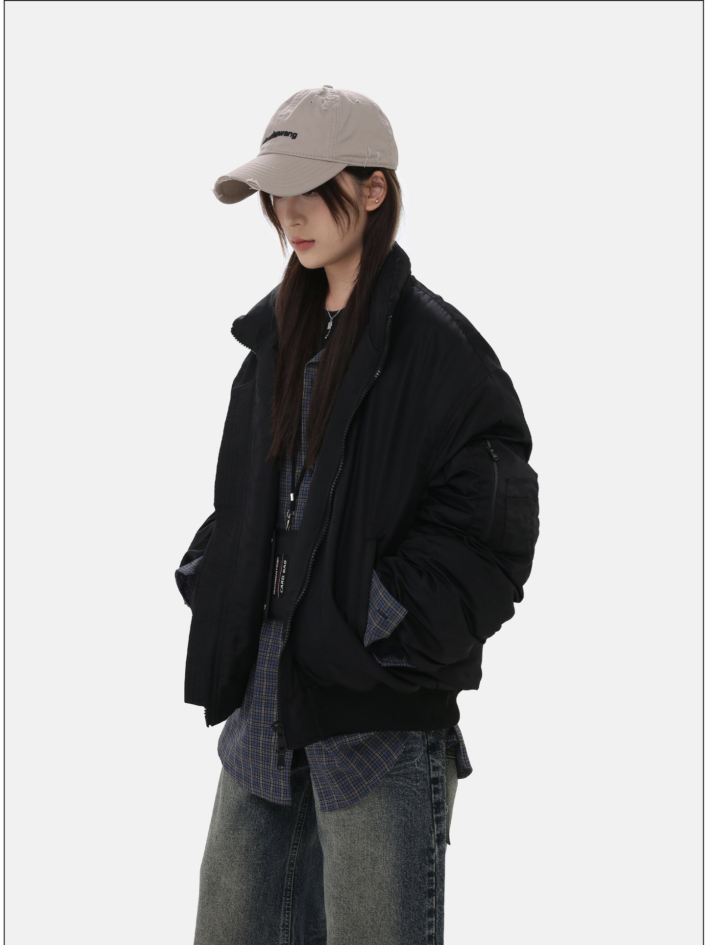 Loose-fit Stand Collar Cotton Jacket