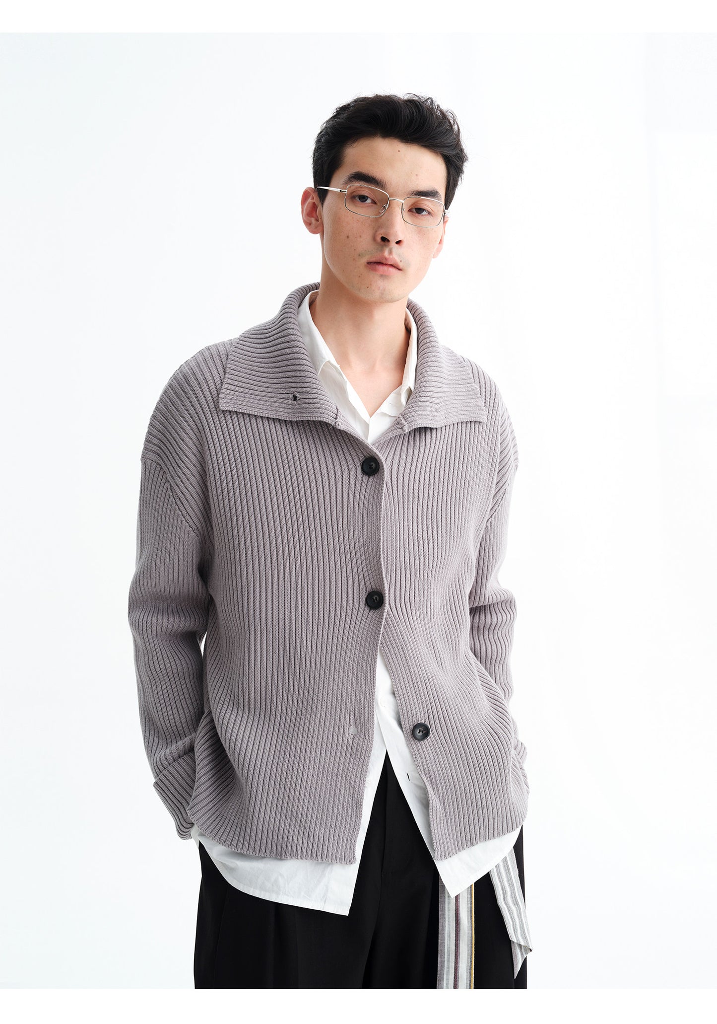 High-Neck Rib-Knit Cardigan