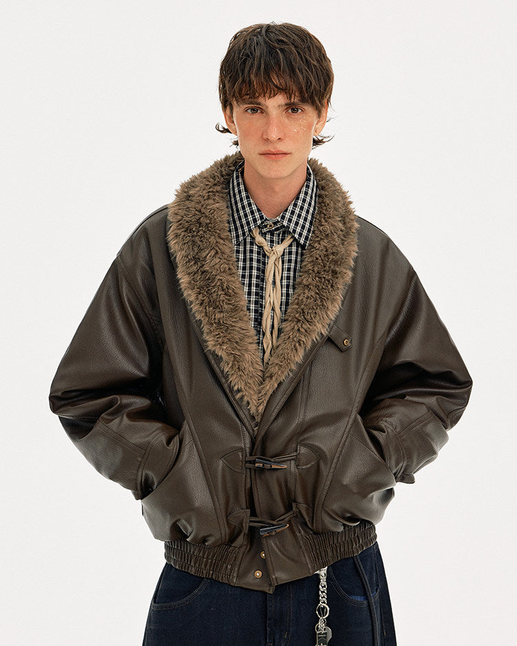 Horn Button Fur Collar Leather Jacket