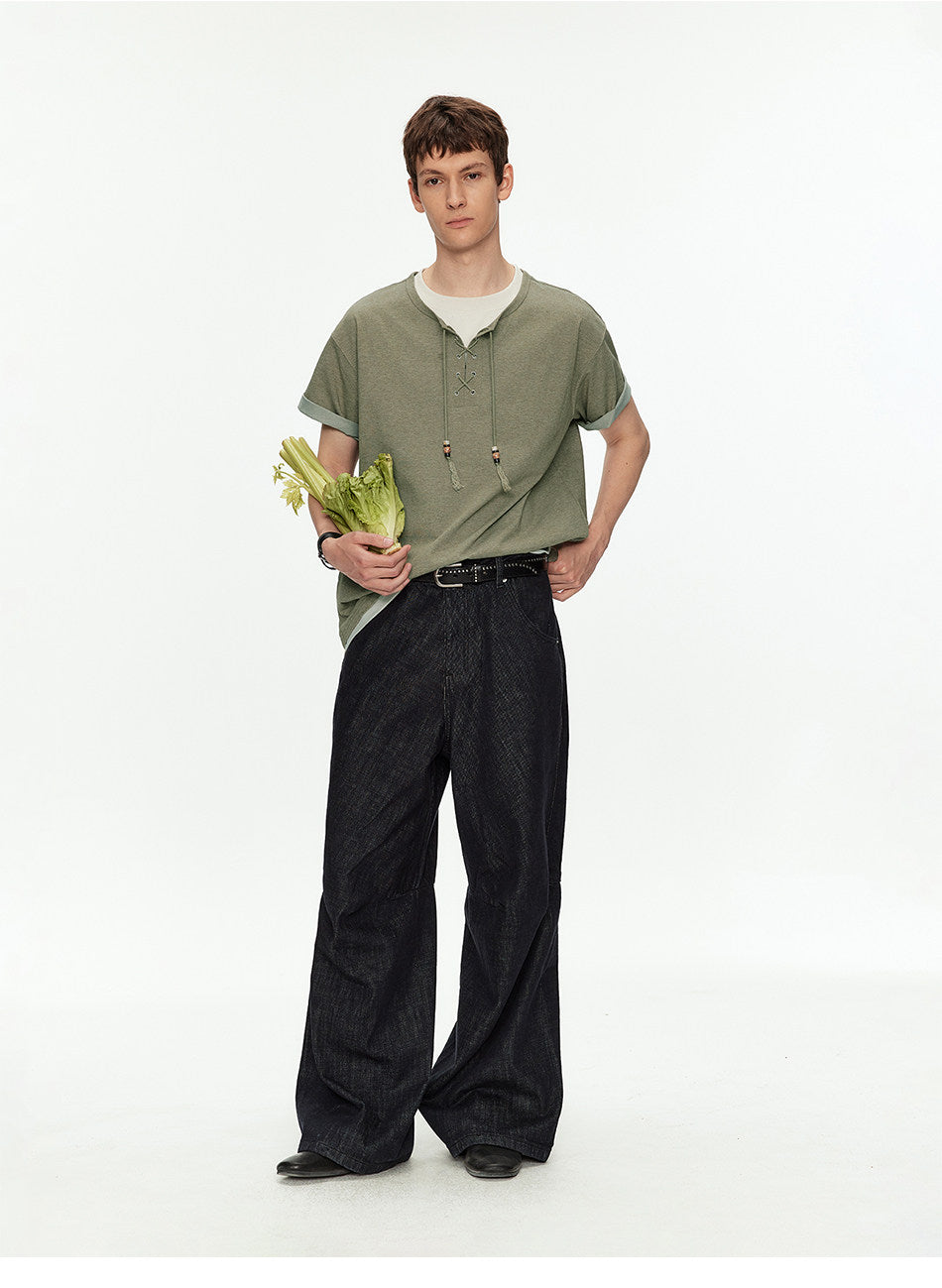 Off-Shoulder Fake Two-Piece T-Shirt with Beads