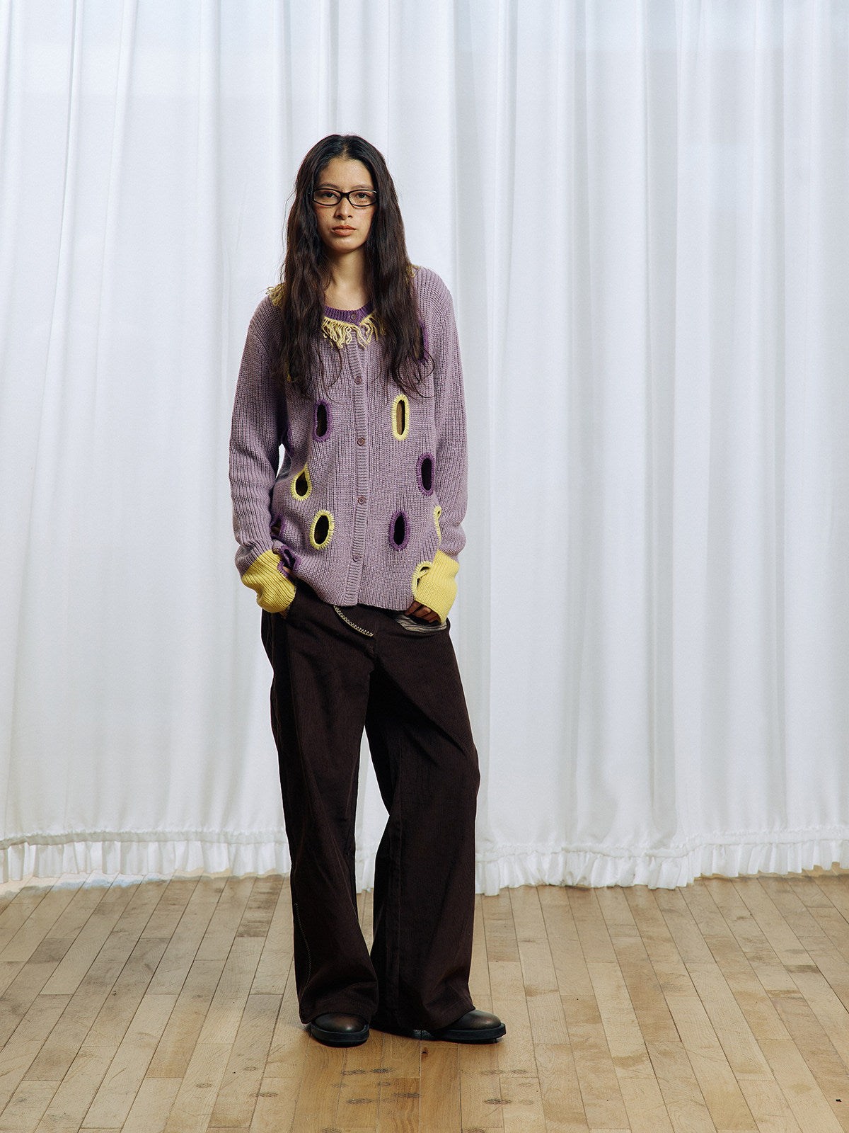 Hollowed-out wool blend cardigan
