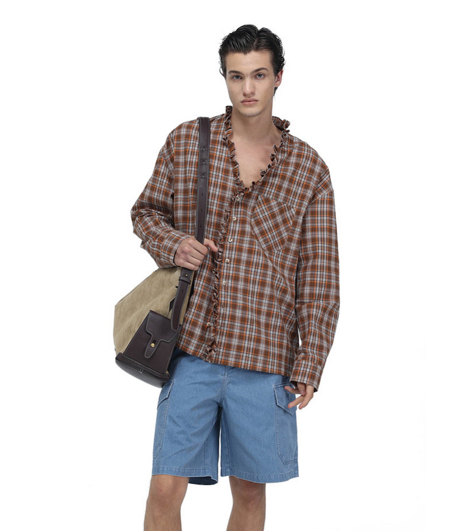 Textured V-Neck Checkered Shirt