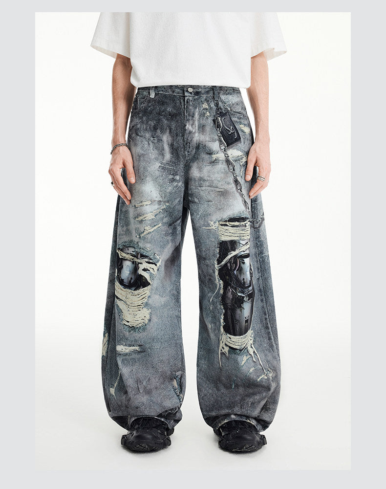 Lipid Print Washed Denim Pants