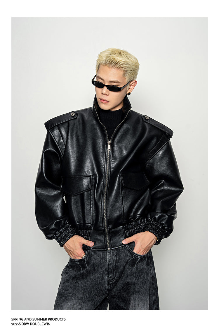 Wide-Shoulder High-Neck Leather Jacket