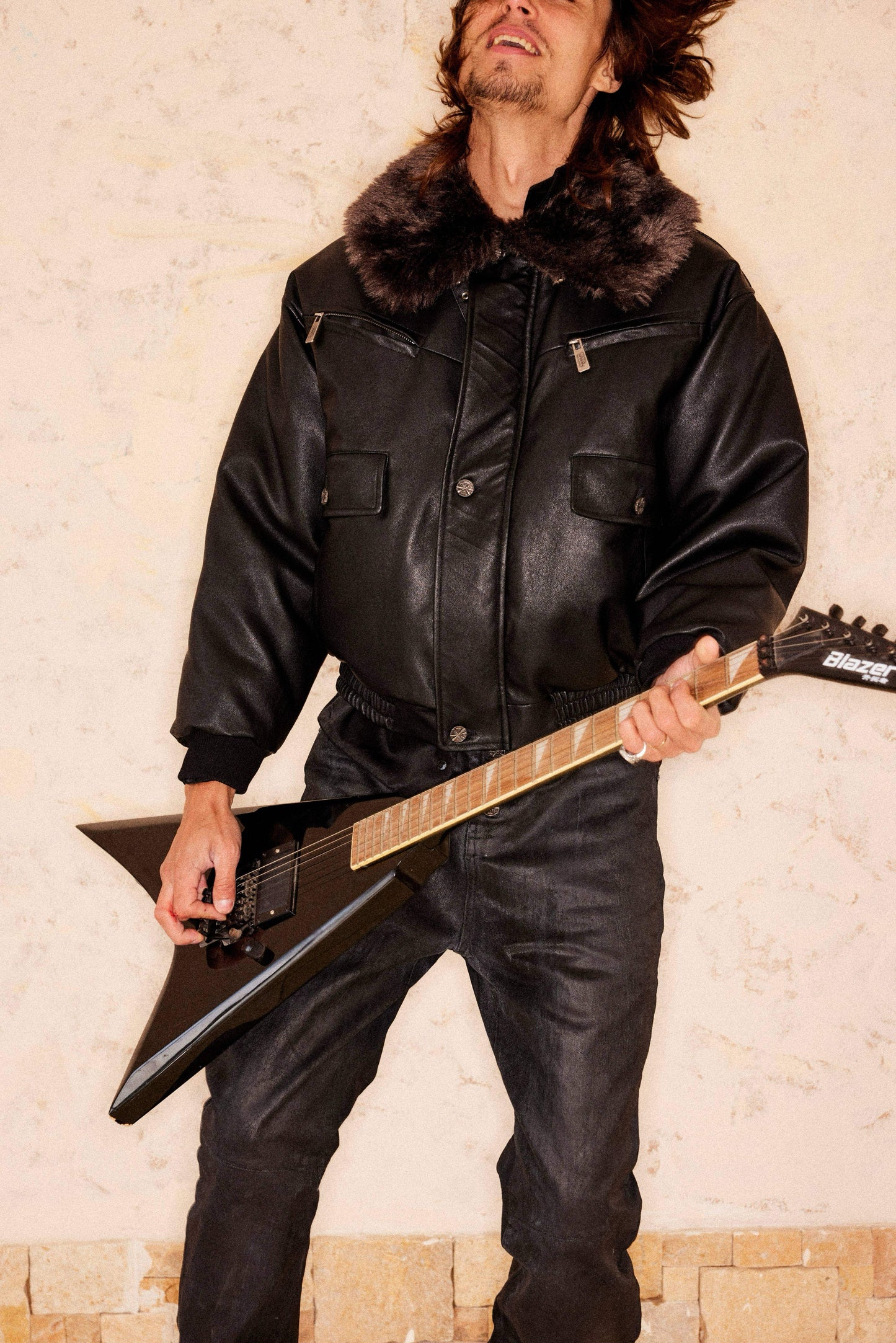 Heavyweight Leather Jacket with Multiple Pockets