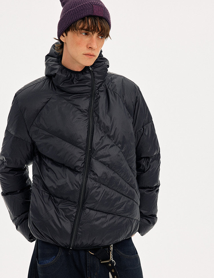 Diagonal Zipper Hooded Lightweight Down Jacket