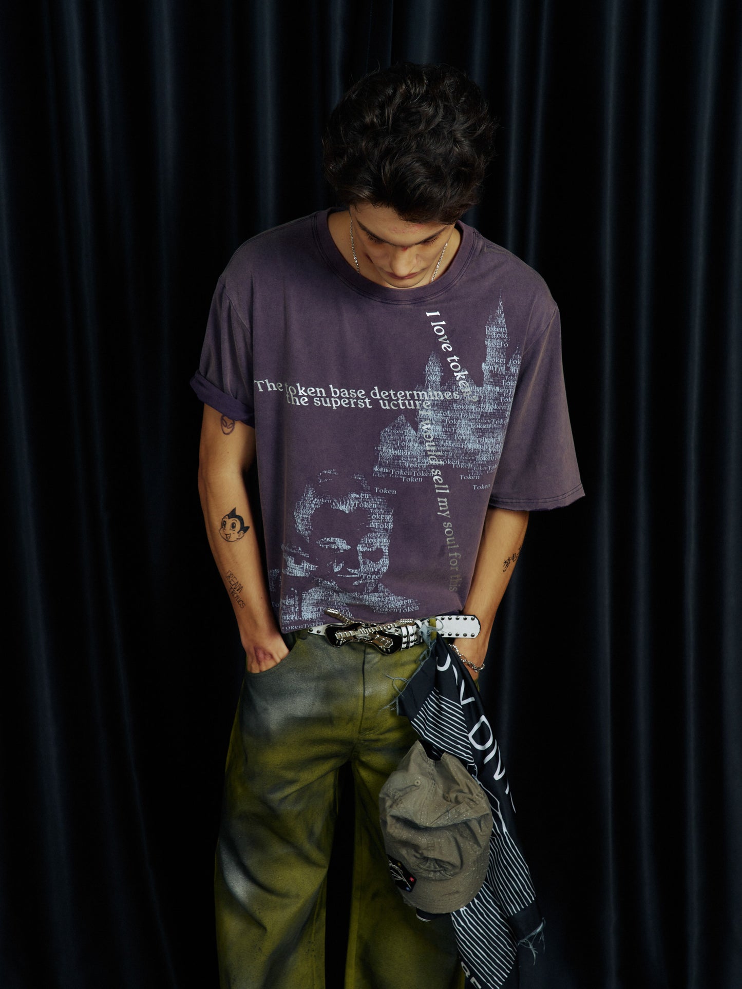Silver Embossed Print  Distressed T-Shirt