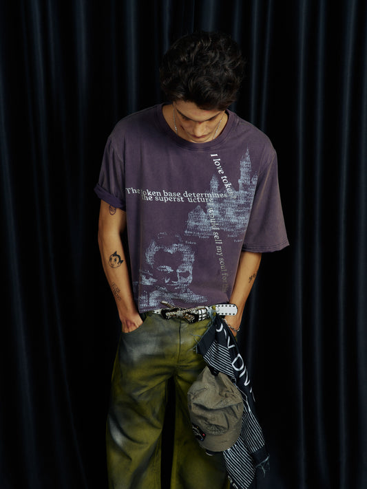 Silver Embossed Print Distressed T-Shirt