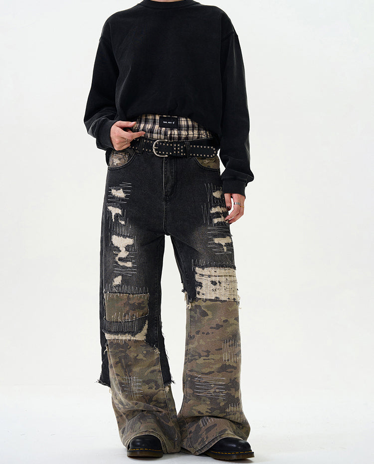 Random Stitch Embroidery Patchwork Jeans