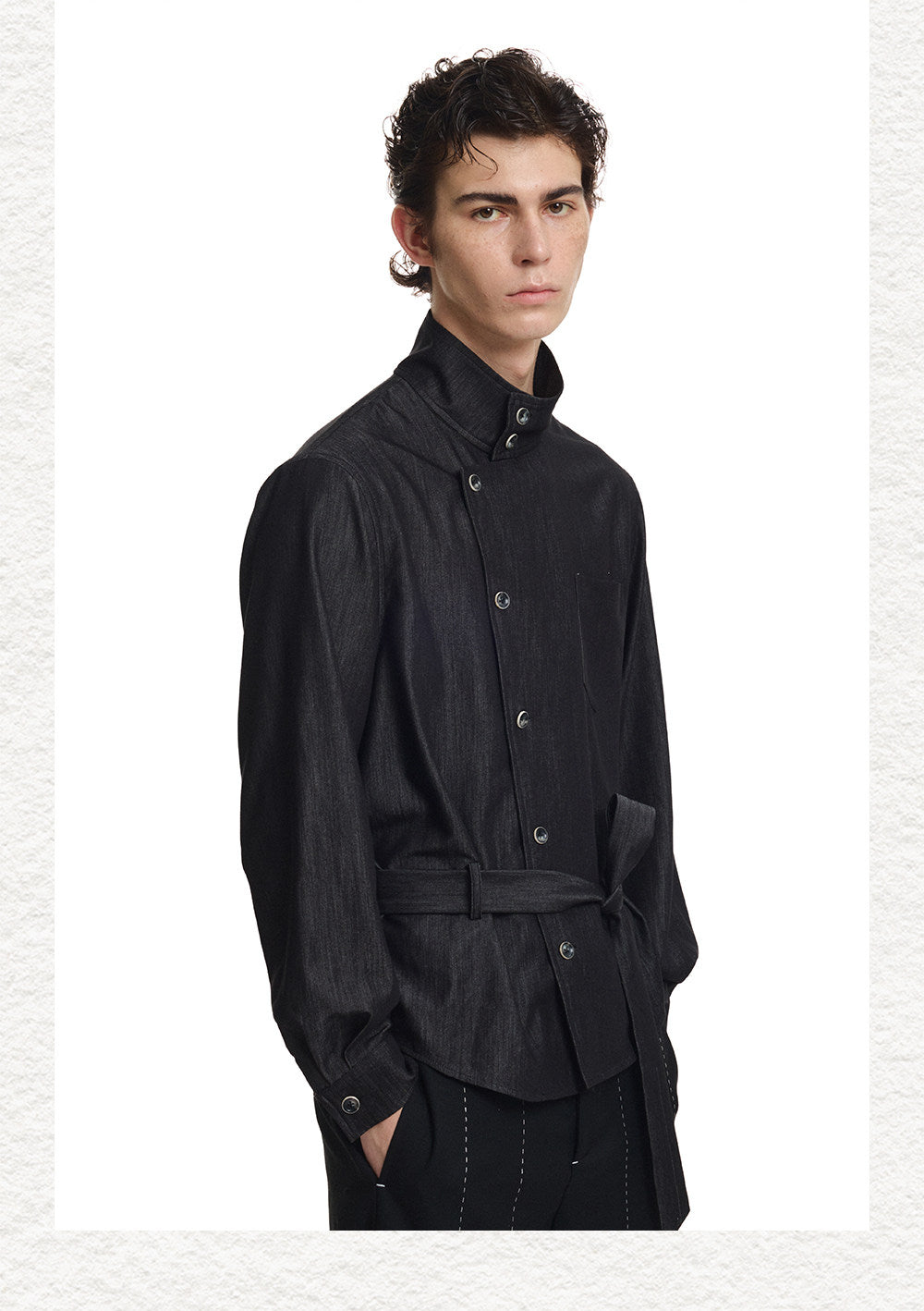 Diagonal Placket  Stand-Up Collar Workwear Shirt