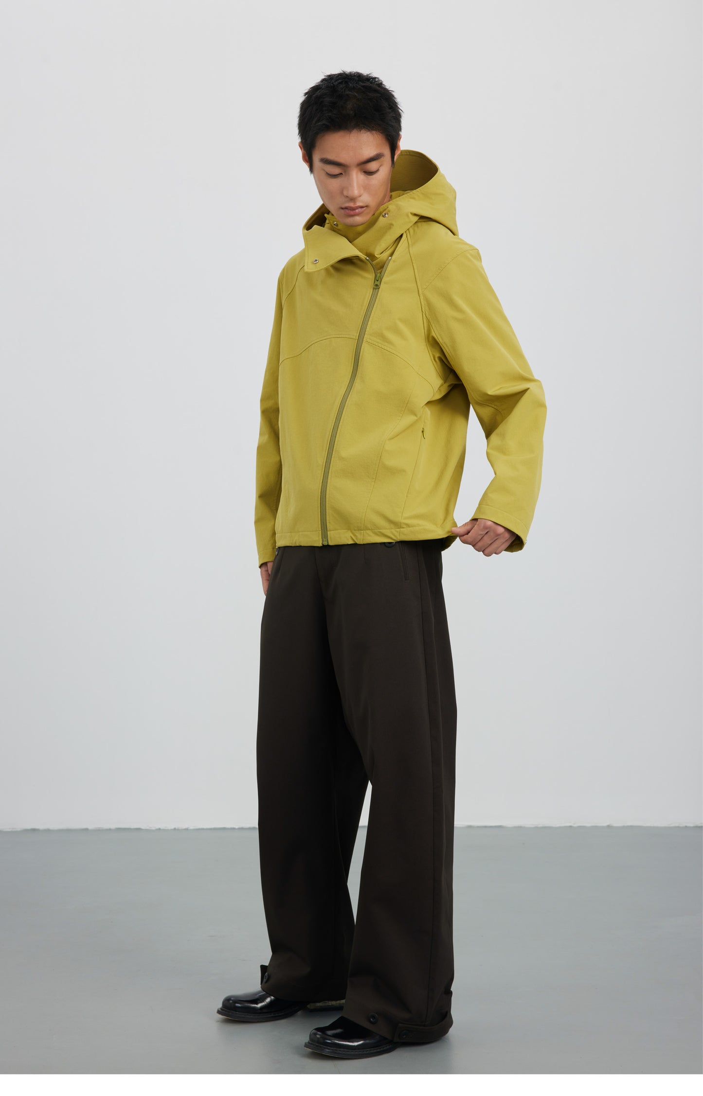 Diagonal Placket High Collar Hooded Jacket