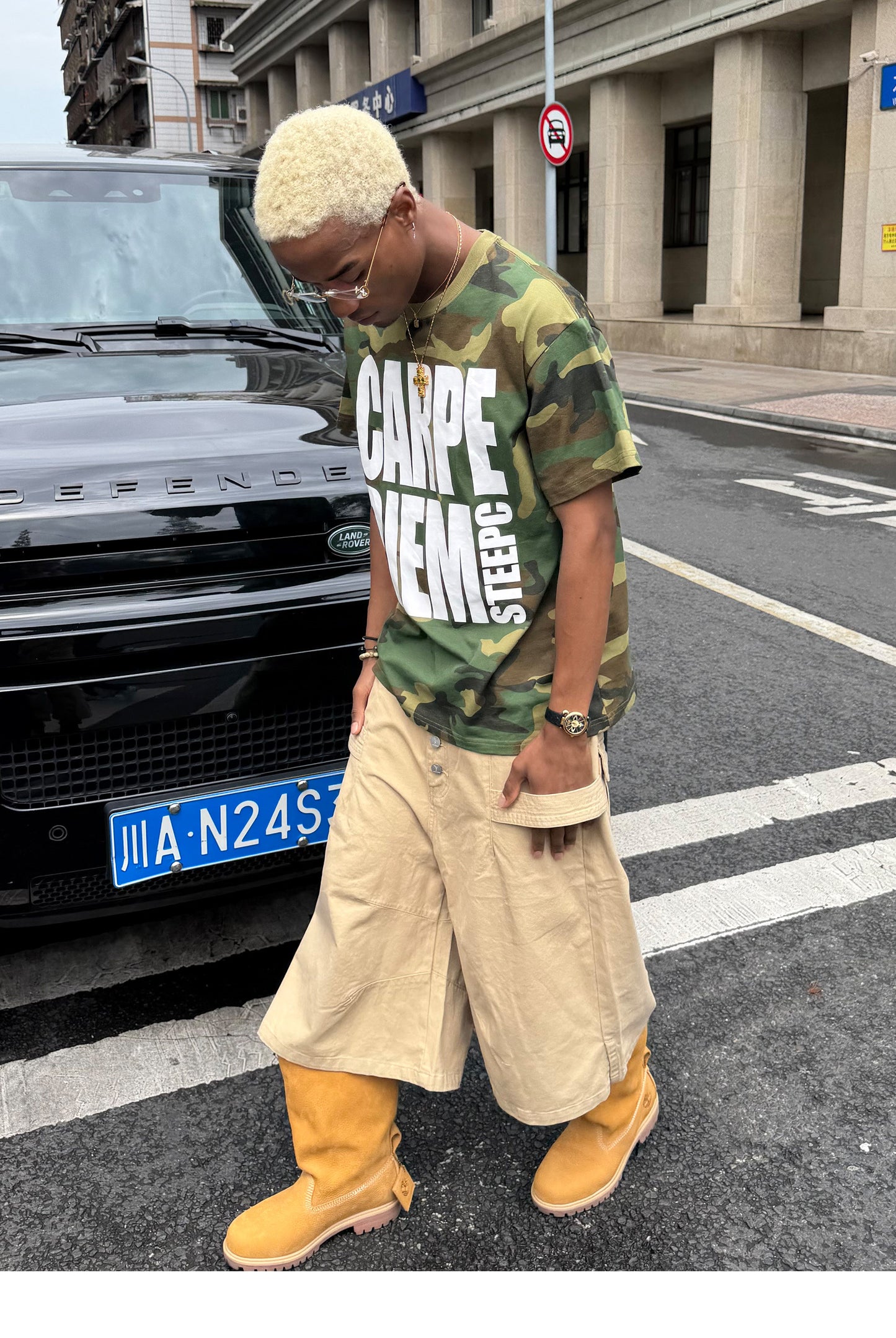 Casual Loose-Fit Round-Neck T-Shirt with Camouflage Print
