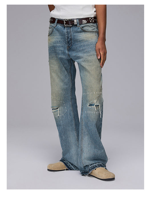 Patchwork Damaged Slim Fit Jeans