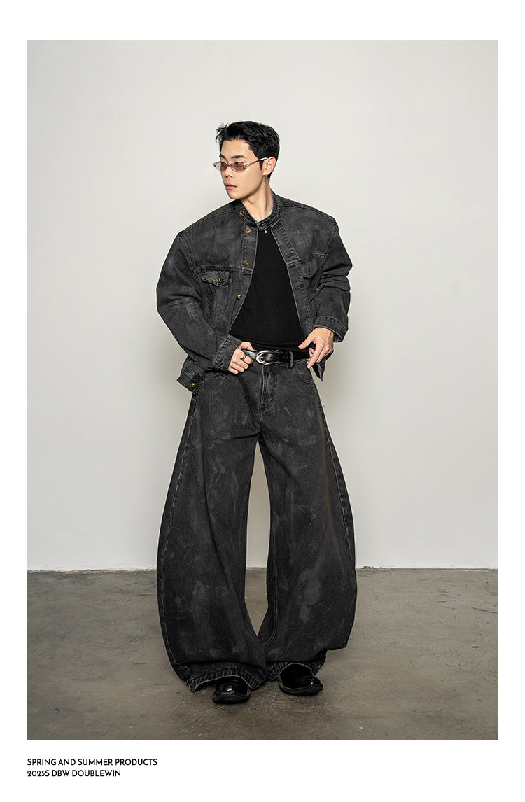 Mud-dyed distressed denim jacket set