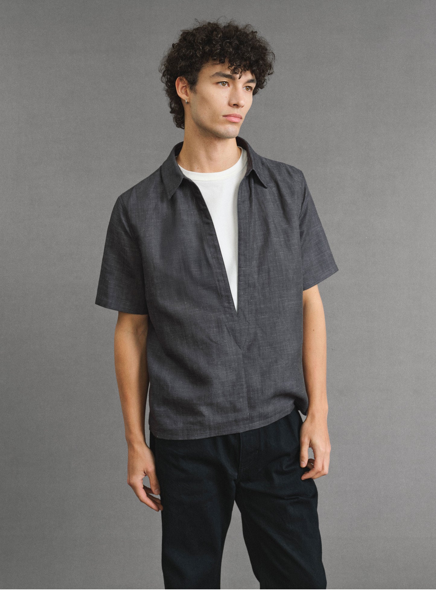 Deep V-neck faux two-piece shirt