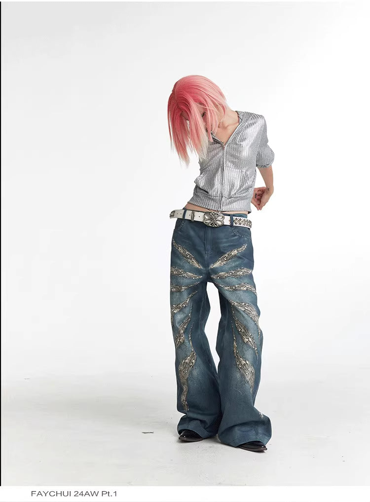 Digital 3D Printed Wide Leg Jeans